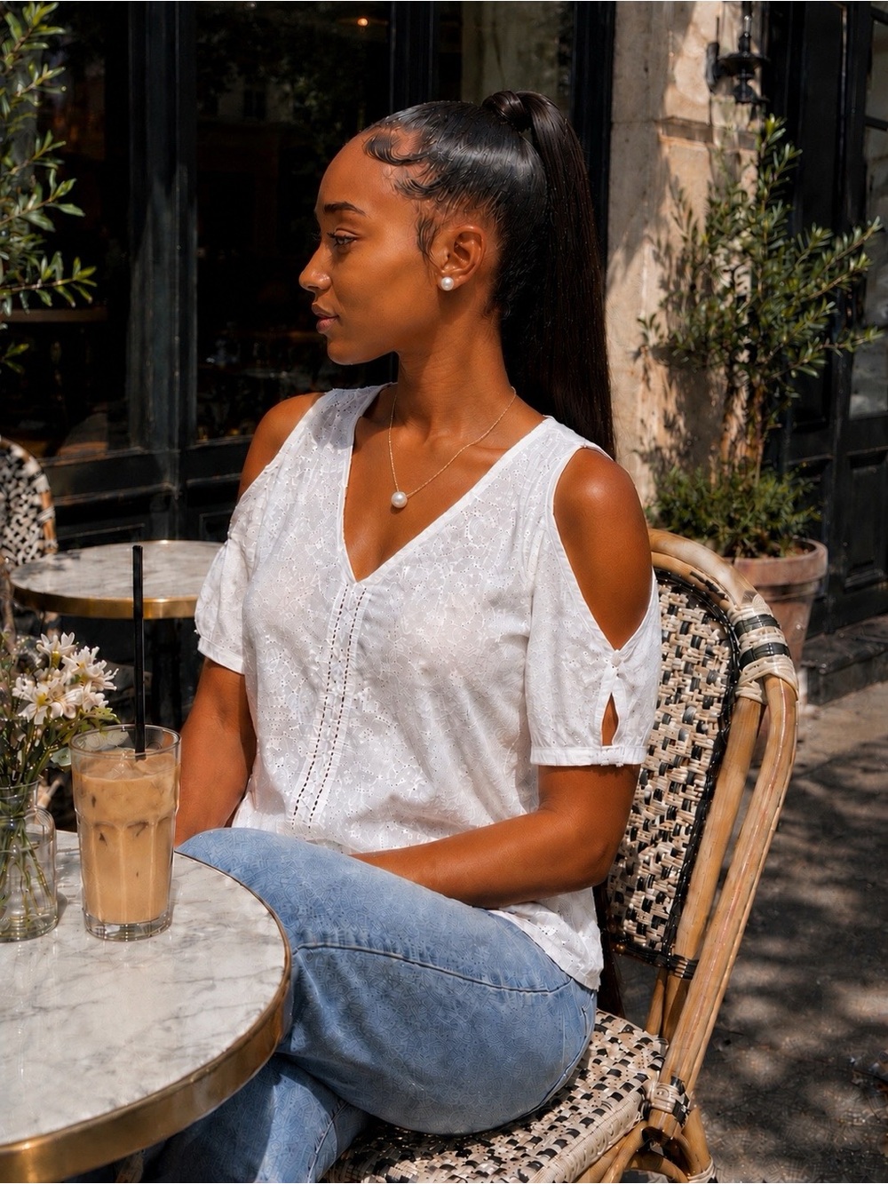 Karen Kane 100% Cotton White Embroidered Eyelet Cold-Shoulder V-Neck Top